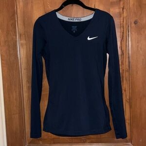 Nike Pro Women's Long-Sleeve V-Neck Top - Navy with White Swoosh